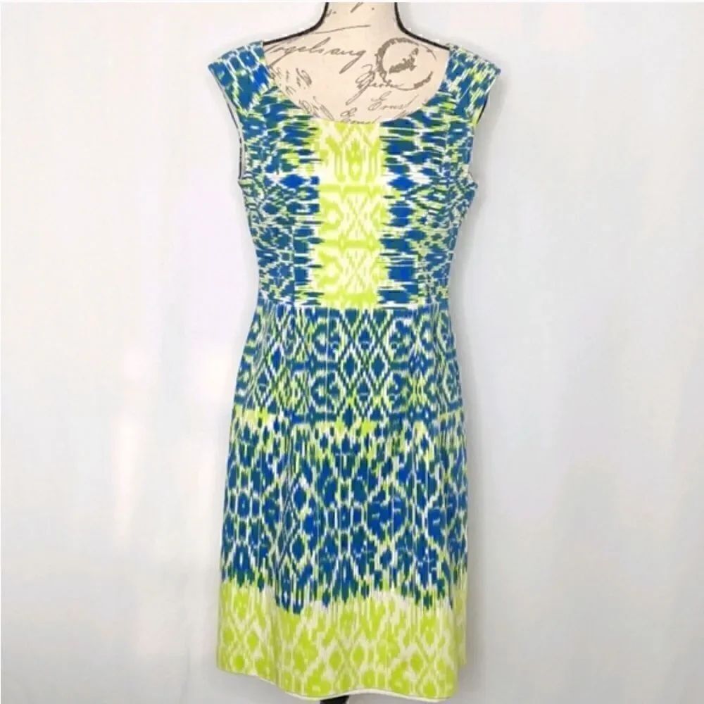 Adrianna Papell Blue Green Print Bateau Neck Sheath Dress Size 4 Nordstrom NWT